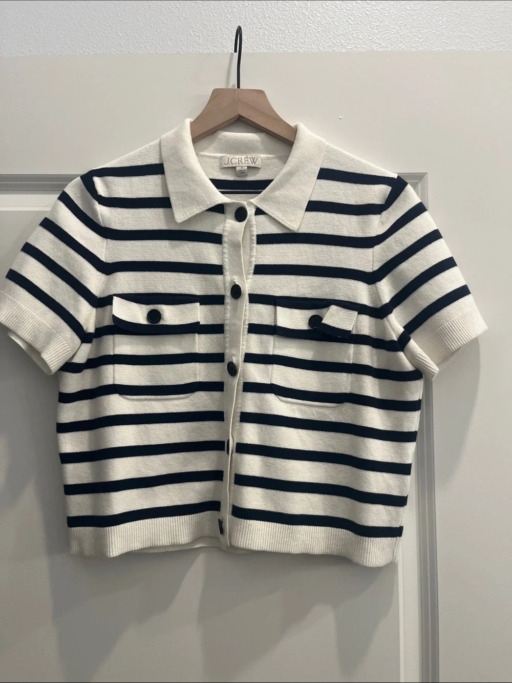 J. Crew Navy and Cream Striped Short-Sleeve Polo Cardigan